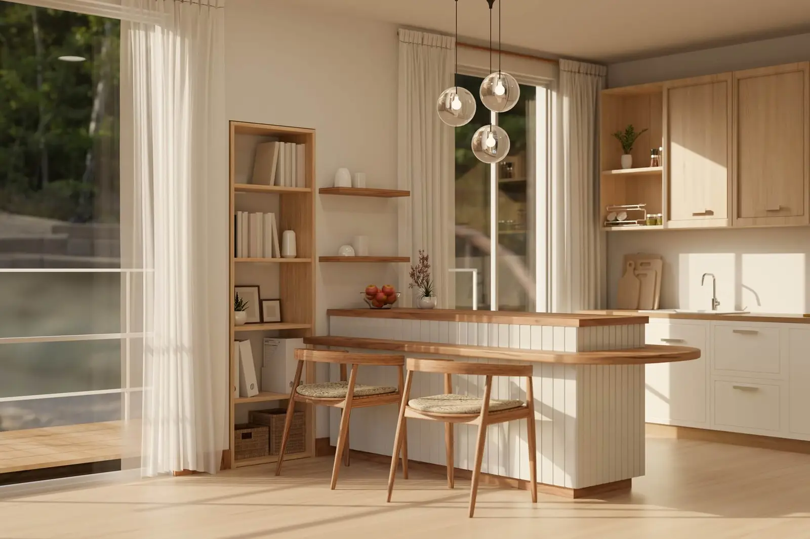 Cocina de roble con isla y taburetes