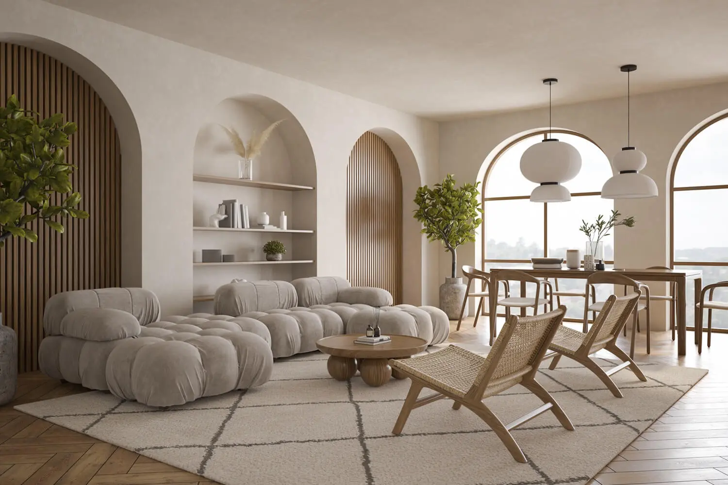 Comedor con arcos y muebles de madera a medida