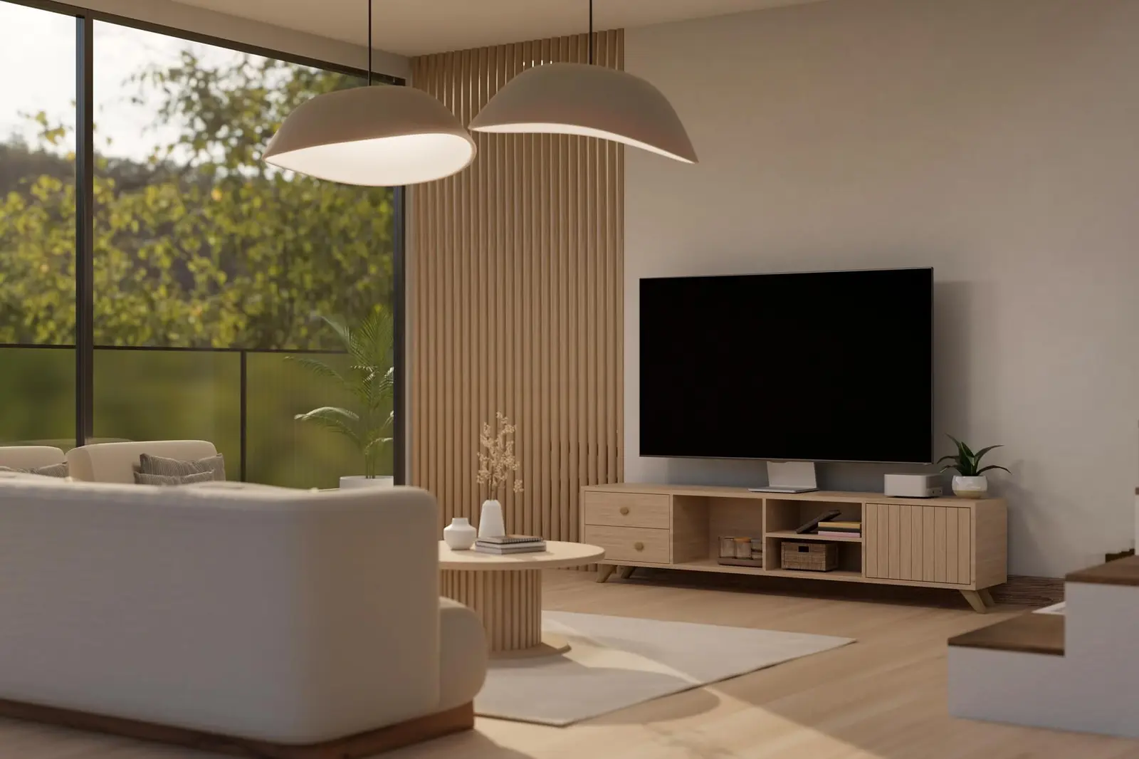 Mueble de televisión bajo a medida en madera clara