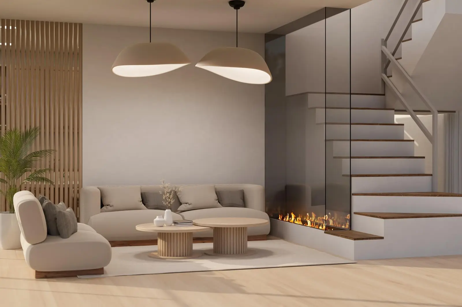 Salón con escalera de madera y panelado en listones